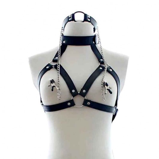 Черная портупея на грудь с кляпом и зажимами для сосков - Notabu - купить с доставкой в Люберцах