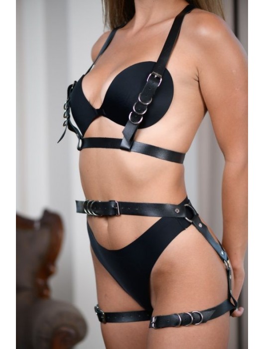 Черные гартеры из натуральной кожи с регулируемыми ремешками - БДСМ Арсенал - купить с доставкой в Люберцах