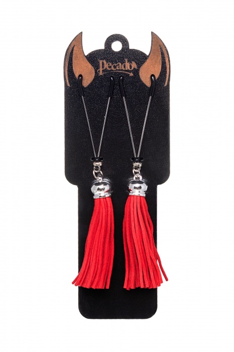 Зажимы на соски «Вилки» с красными кисточками из замши - Pecado - купить с доставкой в Люберцах