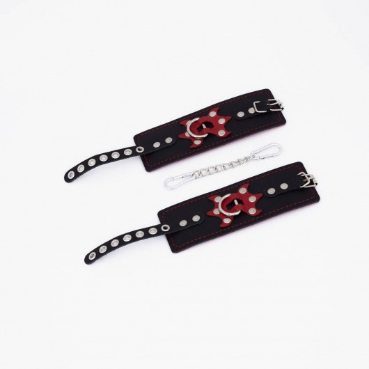 Черные кожаные наручники с красным декором и строчкой - Crazy Handmade - купить с доставкой в Люберцах