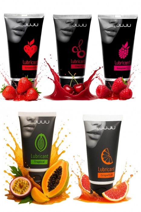 Набор из 5 съедобных лубрикантов JUJU (клубника, малина, тропические фрукты, вишня, грейпфрут) - JuJu - купить с доставкой в Люберцах