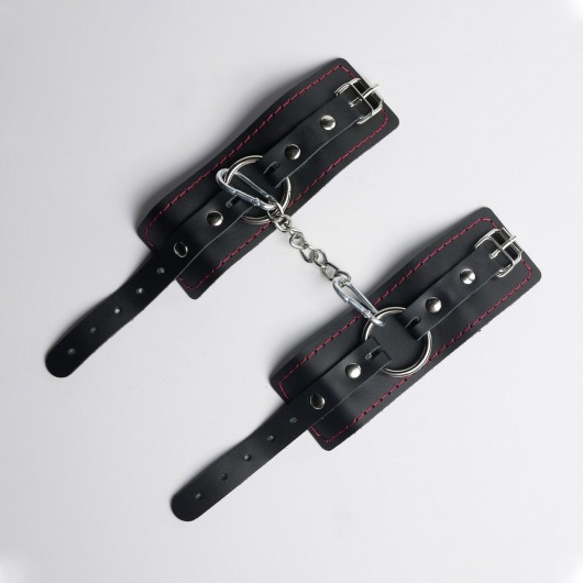 Черные кожаные наручники с красной строчкой - Crazy Handmade - купить с доставкой в Люберцах
