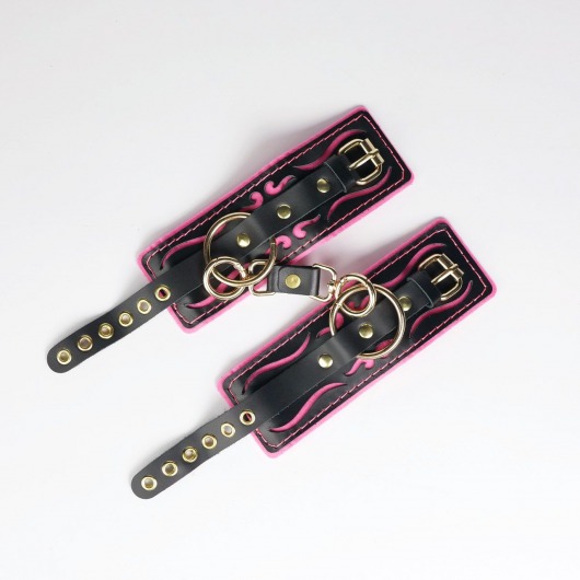 Черные кожаные наручники с розовой строчкой - Crazy Handmade - купить с доставкой в Люберцах
