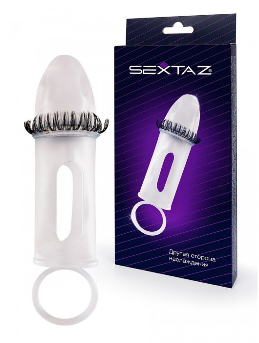 Закрытая насадка на пенис с подхватом мошонки и стимулирующими «ресничками» - Sextaz - в Люберцах купить с доставкой