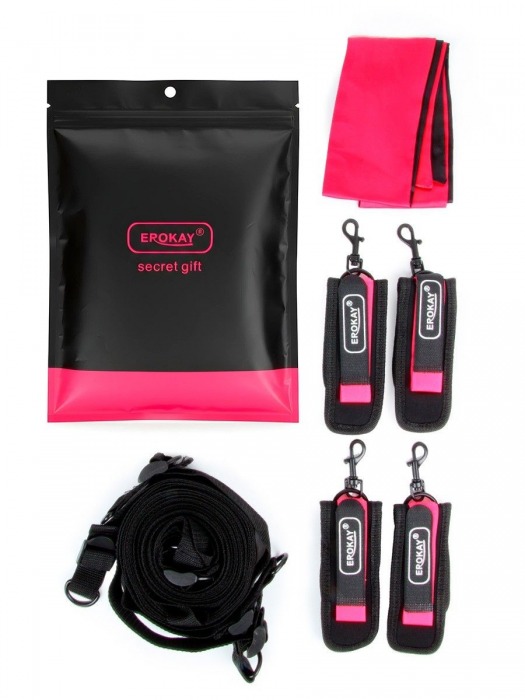 Черно-розовый эротический набор: фиксатор, оковы, наручники, повязка - Erokay - купить с доставкой в Люберцах