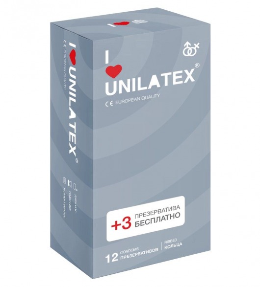 Презервативы с рёбрами Unilatex Ribbed - 12 шт. + 3 шт. в подарок - Unilatex - купить с доставкой в Люберцах