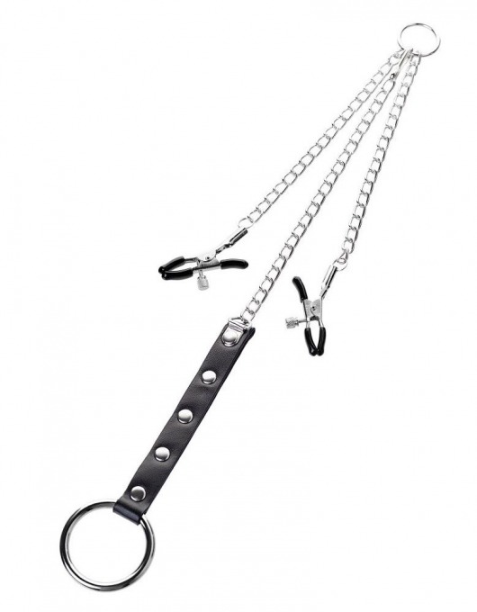 Серебристо-чёрные зажимы для сосков с кольцом для пениса TOYFA Metal - ToyFa - купить с доставкой в Люберцах